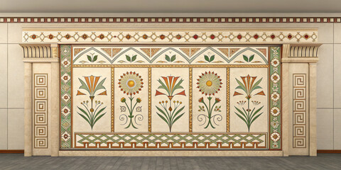 Symmetrical wall backdrop with floral design and geometric patterns