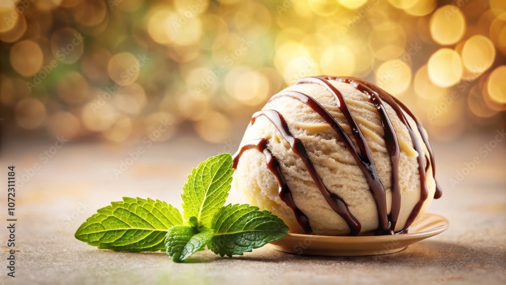 Poster a single scoop of vanilla ice cream topped with a decadent chocolate sauce and a sprig of fresh mint