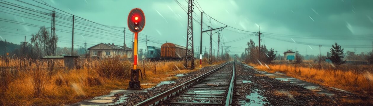 Transmission towers running parallel to train tracks, representing the duality of transportation and energy networks