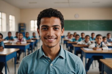 Fototapeta premium Close portrait of a smiling young Libyan male elegant primary school teacher standing and looking at the camera, indoors almost empty classroom blurred background