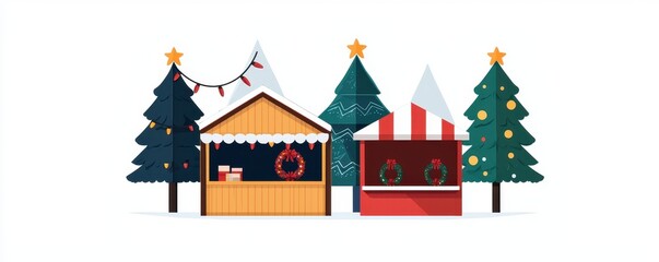 Fototapeta premium Charming Christmas Market Scene with Festive Stalls, Decorated Trees, and Snow-Capped Mountains, Evoking Holiday Spirit and Joyful Atmosphere in Winter Wonderland