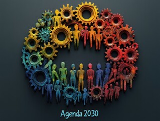 Collaborative teamwork with interlocking gears representing Agenda 2030, AI generated