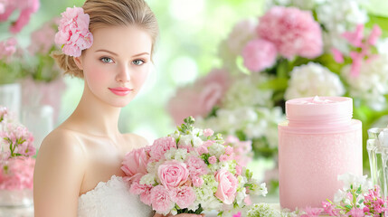 Obraz premium woman in serene moment holding bouquet of pink flowers surrounded by beauty products