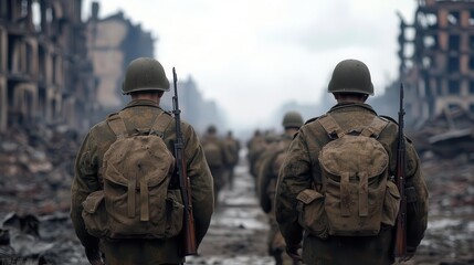 Fototapeta premium Soviet soldiers marching through a bombedout city, destruction and devastation all around