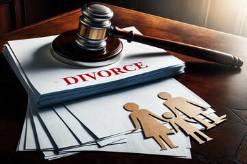 A judge's gavel with divorce papers and three family figures paper cut on a wooden table. Family dispute and conflict