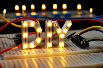 DIY project with a string of LED lights on breadboard circuit. Word text DIY abbreviation acronym of Do It Yourself made up of LED lights.