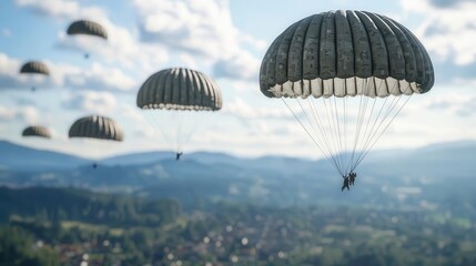 American paratroopers descending over a European village, gliders and planes in the sky above
