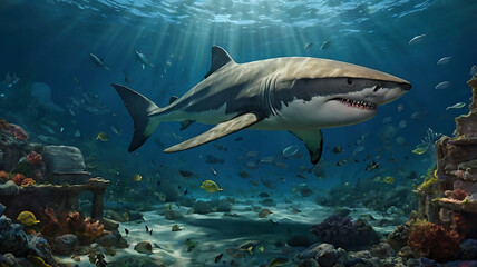 Fototapeta premium Sunken Atlantis with Megalodon in Mystical Underwater World Ruins