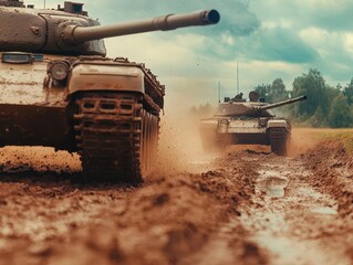 Soviet T34 tanks rolling through muddy terrain, firing at enemy positions, intense WWII battlefield