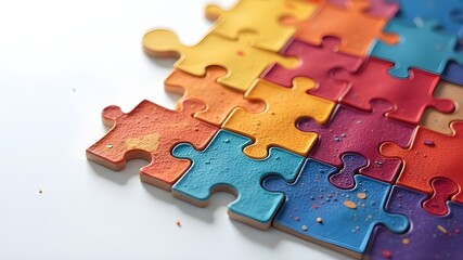 Bright wall of colorful jigsaw puzzles pieces linked together. Abstract background