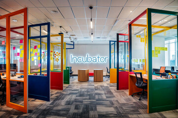 Office interior with cubicles and open workspaces, featuring a colorful carpet and a large illuminated word text "incubator" on it.