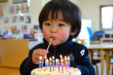 Child Celebrates Birthday with Candles in Classroom
