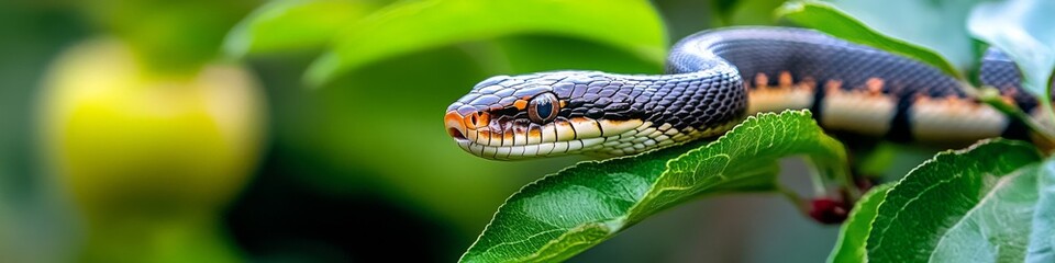 Obraz premium A close-up view of a vibrant snake resting on lush green leaves in a tropical environment during daylight hours