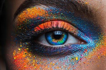 Eye of model with colorful art make-up, close-up , isolated on white background,  , copy space for text,