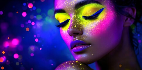 Fashion woman in neon light, portrait of beauty model with fluorescent makeup , isolated on white background,  , copy space for text,