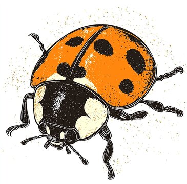 recommend clip art: Ladybug linocut linocut illustration, draw, ink, vector , isolated on white background,  , copy space, copy space for text,