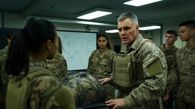 Military bomb disposal expert giving safety briefing to soldiers