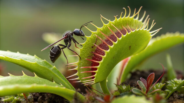 Venus flytrap capturing an ant with vivid details