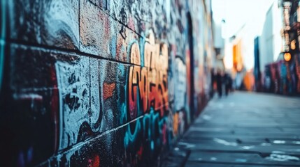 Fototapeta premium Vibrant Urban Graffiti Wall, a lively concrete canvas adorned with expressive street art and bold messages, capturing the essence of city culture and creativity