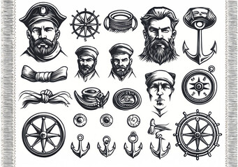 Stylized linocut set of ship captains and marine symbols like anchors, compasses, and wheels © Pawarit