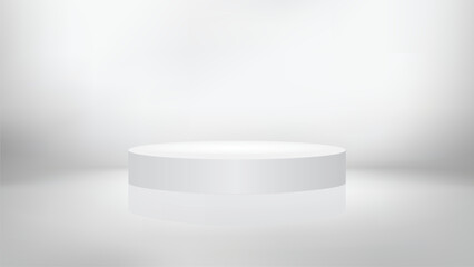 Empty podium scene realistic white isolated on gray gradient background. 3d studio showcase. Room with circular stage on floor and bright wall. Vector illustration