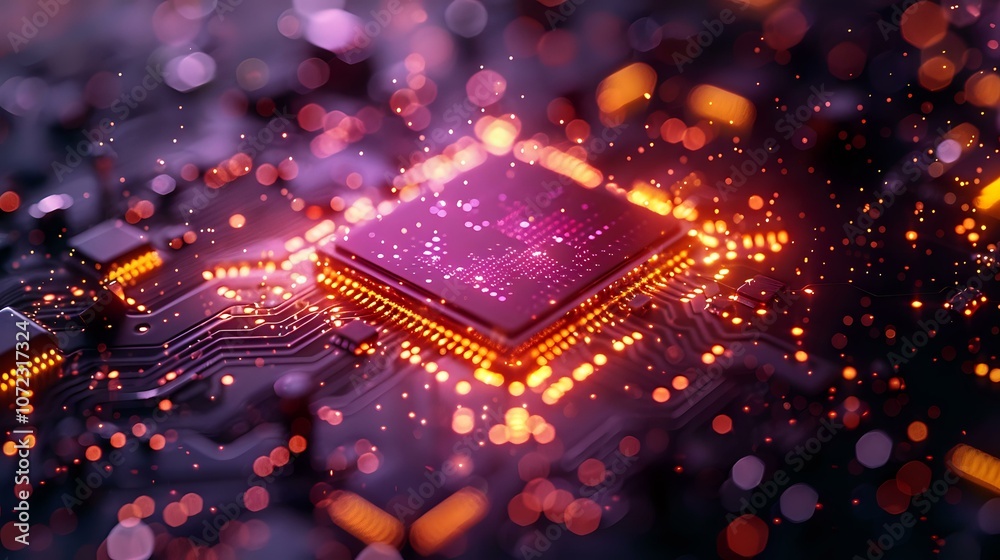 Poster glowing computer processor chip with orange and purple light effects, digital technology concept for