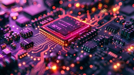 Futuristic computer processor chip glowing with pink and purple neon lights on circuit board, macro photography perfect for technology and innovation concepts.