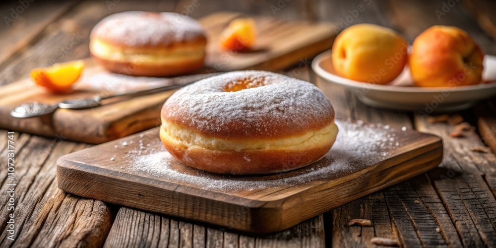 Poster a single powdered donut on a rustic wooden board, surrounded by a light dusting of powdered sugar, w