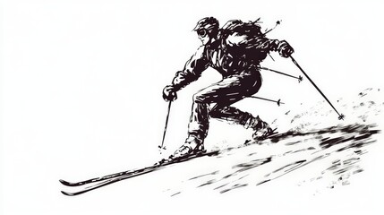 Elegant Skier Gliding Down White Slope Hand-Drawn Style