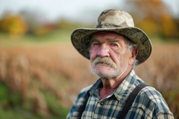 Obraz premium Portrait of a senior farmer wearing suspenders and a camouflage hat standing in a soybean field during autumn