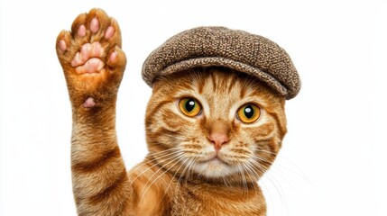 A charming orange cat wearing a hat raises its paw, exuding a playful and friendly demeanor.
