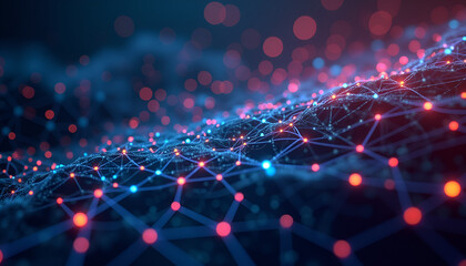 Futuristic digital network with luminous nodes and connections forming a dynamic landscape