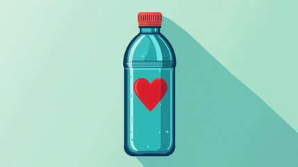 Obraz premium A vibrant water bottle with a red heart design, symbolizing love and hydration, set against a light blue background.