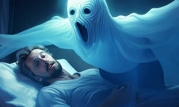 a terrified man with sleep paralysis laying on bed with a ghost on his chest 