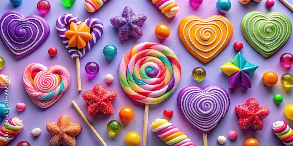 Poster a vibrant and colorful arrangement of lollipops and candy, capturing the playful and delightful esse