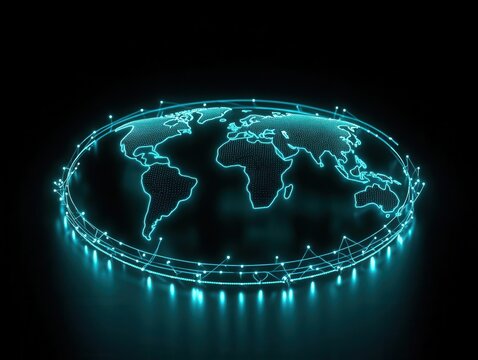 Global digital map, blue connections, network nodes glowing, 3D illustration