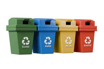 3D Realistic Recycling Bin Icon with multiple color variations. Minimal Cartoon Waste trash bin, Garbage container, Recycle bin icon. Emphasizing sustainability and eco-friendliness concept 3d render.