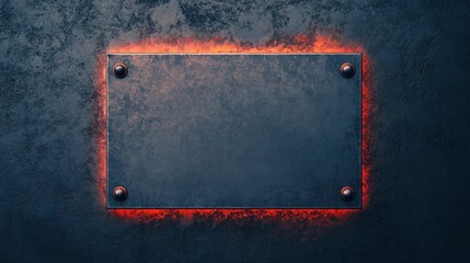 A blank metal plaque with a glowing red border against a textured dark background, ideal for inscriptions or signage.