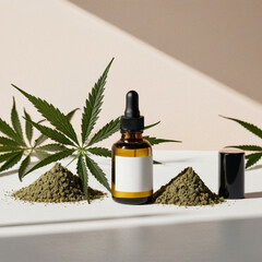 3D dropper bottle with hemp oil and crushed seeds and leaves on the table. Legalization of cannabis for medical purposes. 3D illustration