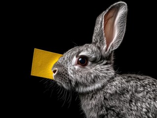 Obraz premium Close-up of a gray rabbit with a yellow note on its face against a dark background