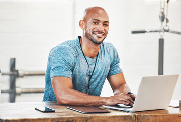 Laptop, portrait and supervisor with man in gym for fitness instructor, planning and digital membership record. Online schedule, personal trainer and equipment manager with person in health facility