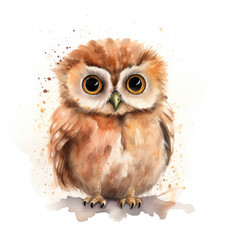 Obraz premium Charming owl in watercolor technique: soft colors and the expression of the eyes convey his innocence