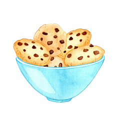 Delicious chocolate cookies in a bowl. Watercolor composition on a white background. Hand drawn watercolor for design