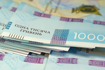 Banknotes 1000 Hryvnia. Real Ukrainian paper money of blue yellow color
