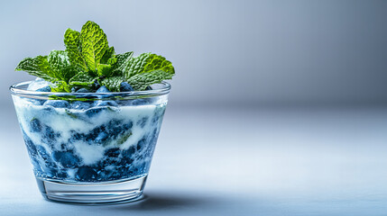 Fresh blueberry dessert with mint leaves served in a clear glass, showcasing dessert presentation and vibrant colors
