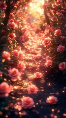 Fototapeta premium Tranquil rose garden setting with romantic sunset and soft glowing Background