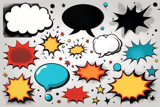 Comic magazine dialogue layout. Comic book grid with popping speech balloons frames, pop art vector template. Funny communication boxes, dialog frames on colorful background, cartoon style - Powered by Adobe