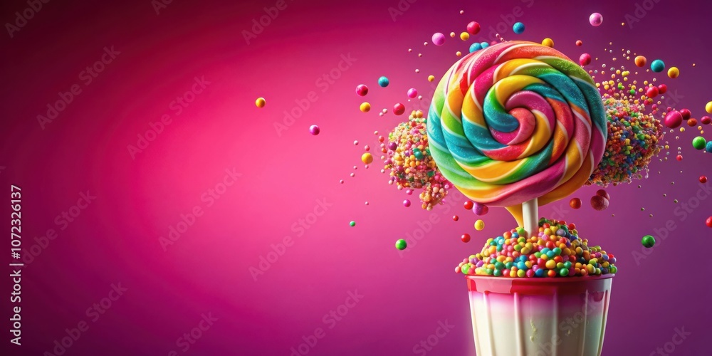Poster a swirl of rainbow candy explodes in a burst of colorful sprinkles and beads, landing in a milkshake