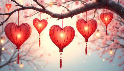 Decorative red heart-shaped lanterns hanging from blossoming branch for romantic celebration concept