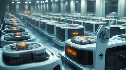 Automated robots sorting packages in a large logistics facility